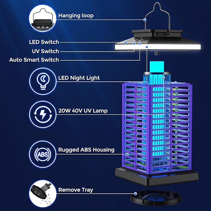 Bug Zapper Outdoor Mosquito Zapper 2 in 1 Portable &amp Rechargeable Bug Zapper Outdoor with 5000mAh Battery &amp LED Night Light 4000V Electric Fly Zapper for OutsidePatioBackyardGarden Purple