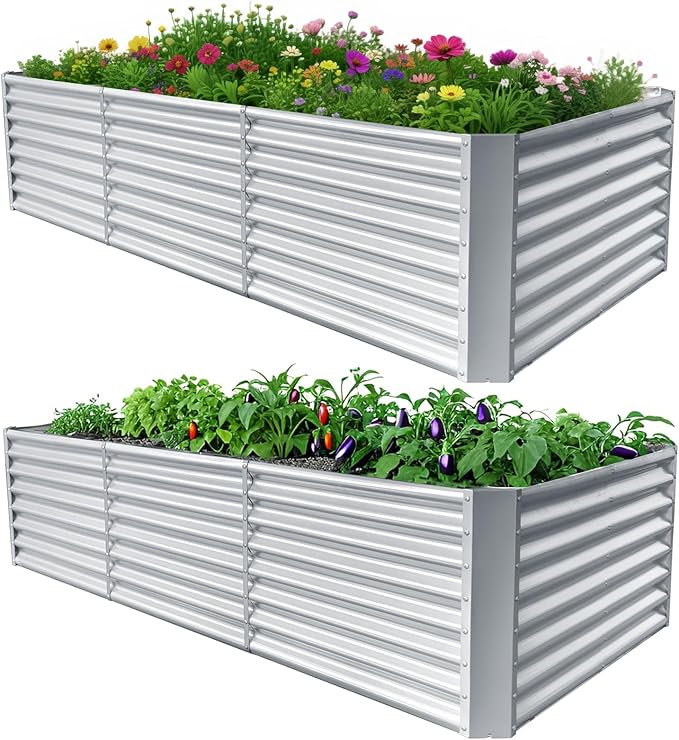 2 Pack 8x4x2ft Galvanized Raised Garden Bed Planter Raised Garden Boxes Outdoor Large Metal Raised Beds for Gardening Garden Bed for Vegetables Flowers Herb Silver