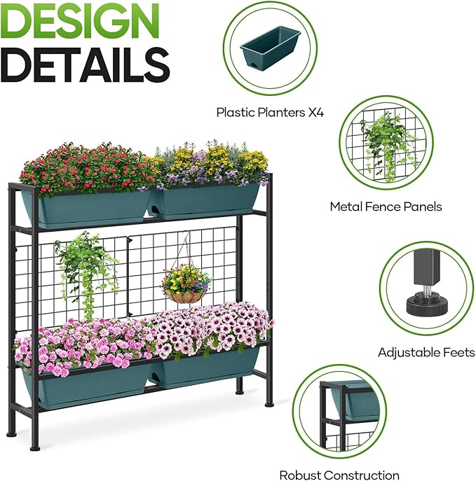 CADUKE Raised Planter Box with Legs 32 Elevated Vegetable Garden Beds Raised Garden Bed with Drainage Holes &amp Trellis Herb Garden Planter Outdoor for Vegetables Balcony Patio Green