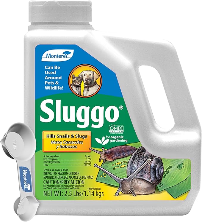 Monterey Sluggo Snail &amp Slug Killer Bundled with Measuring Spoon - OMRI Listed for Organic Gardening - Wildlife and Pet Friendly - 2.5 lb jug