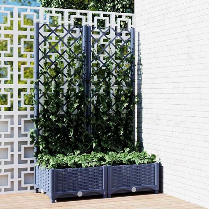 Garden Planter Blue Grey Polypropylene Large Planters 31.5x15.7x47.8 Inch Raised Garden Bed with Trellis for Outdoor Plants Balcony Patio