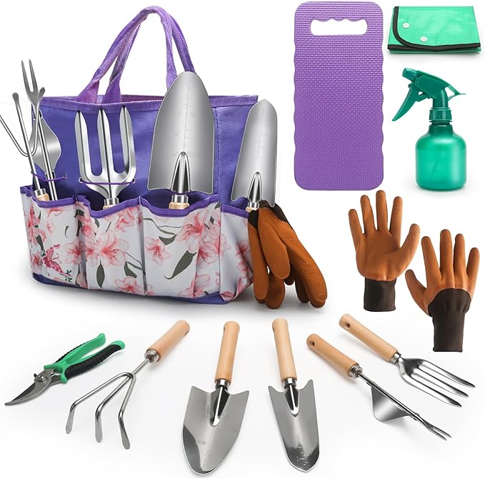 Gardening Tools Set 11 Piece Garden Hand Tools Garden Tools Set with Rust-ProofFashion and Durable Garden Tools Organizer Handbag Perfect Gardening Gifts for Mothers Day &amp Outdoor (Purple)