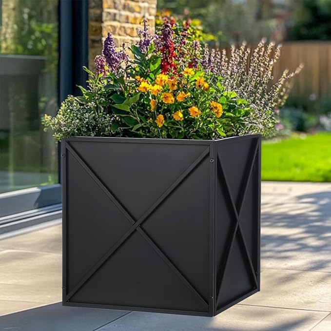 SUNNYPARK Large Metal Planter Box 17”x 17”x 18” Square Modern Black Metal Planter Box Heavy Duty with Drainage Holes for Outdoor Garden Patio