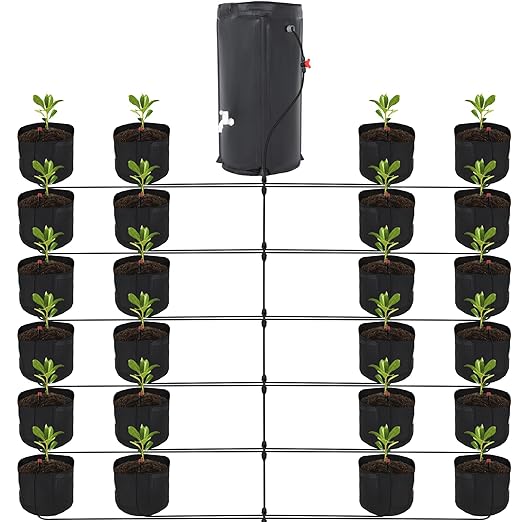 Auto Drip Irrigation System Kits with 26 Gallon Bucket 25W Water Pump 24 Drip Emitters 24 Planting Bags for Indoor and Outdoor Automatic Watering System for Grow Tent Greenhouse Lawn