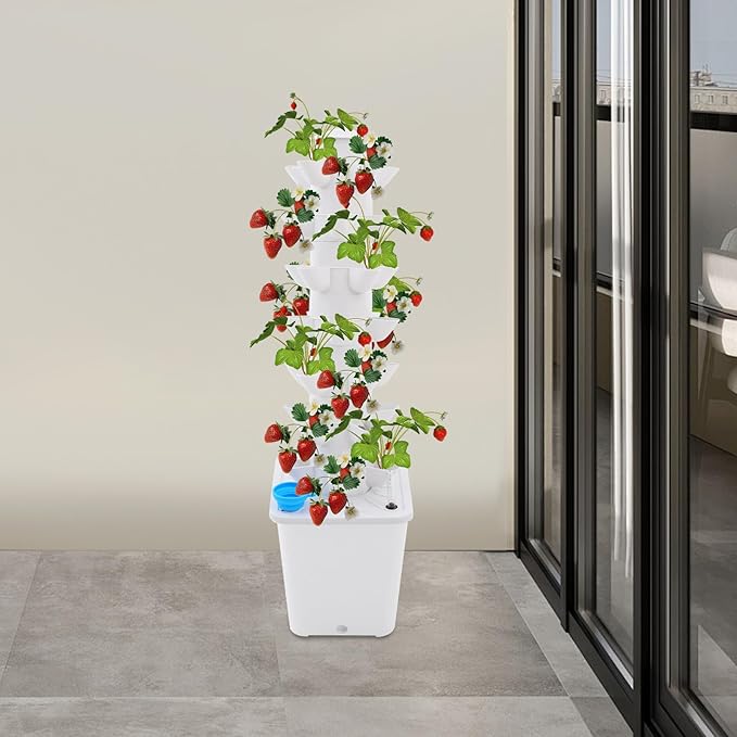 Hydroponic Growing Tower - 7-Tier Vertical Indoor Garden with 35 Planting Holes Automatic Water Circulation &amp Brushless Pump for Vegetables Fruits Herbs (White)