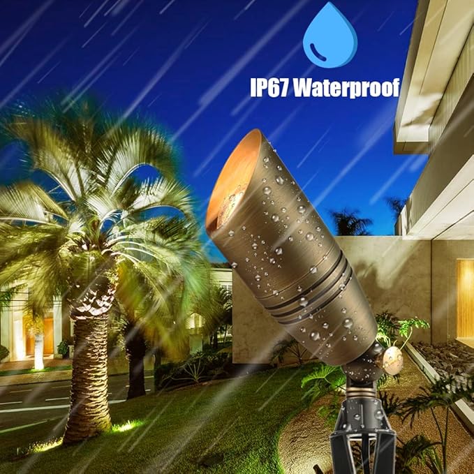 LED Brass Spotlight Uplight 12V Low Voltage Landscape Outdoor Lighting Waterproof Solid Brass Uplight Spotlight Accent Lighting Fixture Included a 12V Warm White MR16 LED Light Bulb
