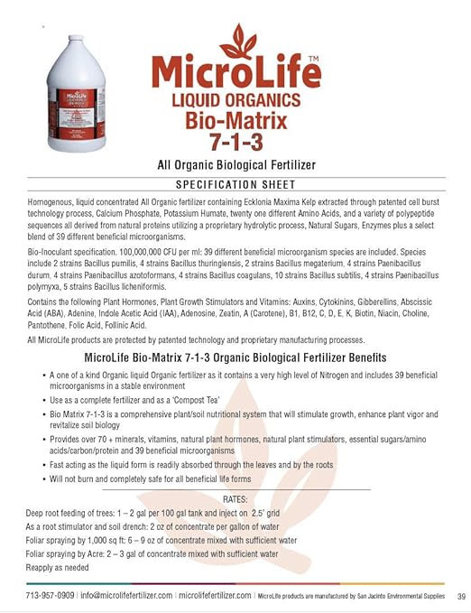 MicroLife Bio-Matrix (7-1-3) Professional Grade Liquid Organic Biological Fertilizer 1 Quart