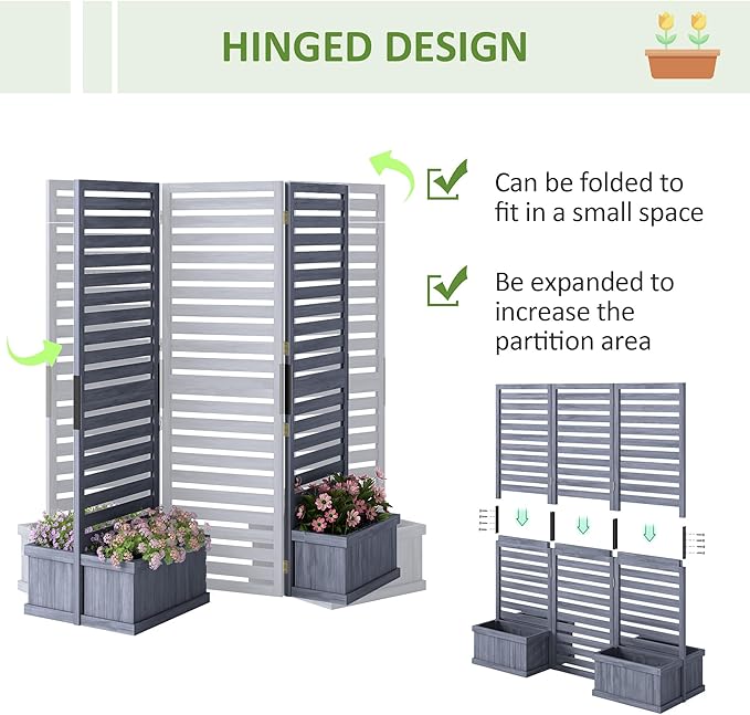 Outsunny Freestanding Outdoor Privacy Screen 4 Self-Draining Planters/Raised Garden Beds 3 Hinged Panels for Hot Tub Patio Backyard Deck Gray