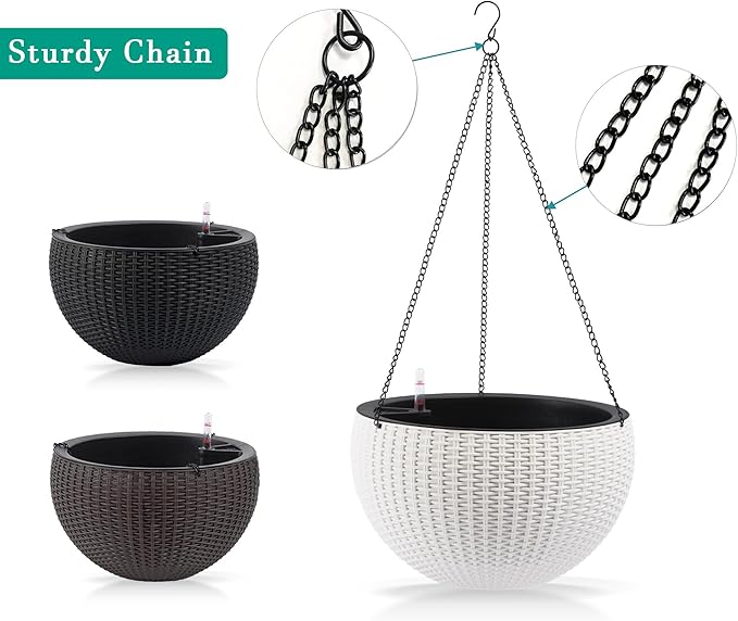 13.4 inch Self Watering Hanging Rattan Planter Large Capacity Root Rot Resistant Water Storage with Water Level Indicator Dual Use for Indoor Balcony Decoration (Pack of 2 White)