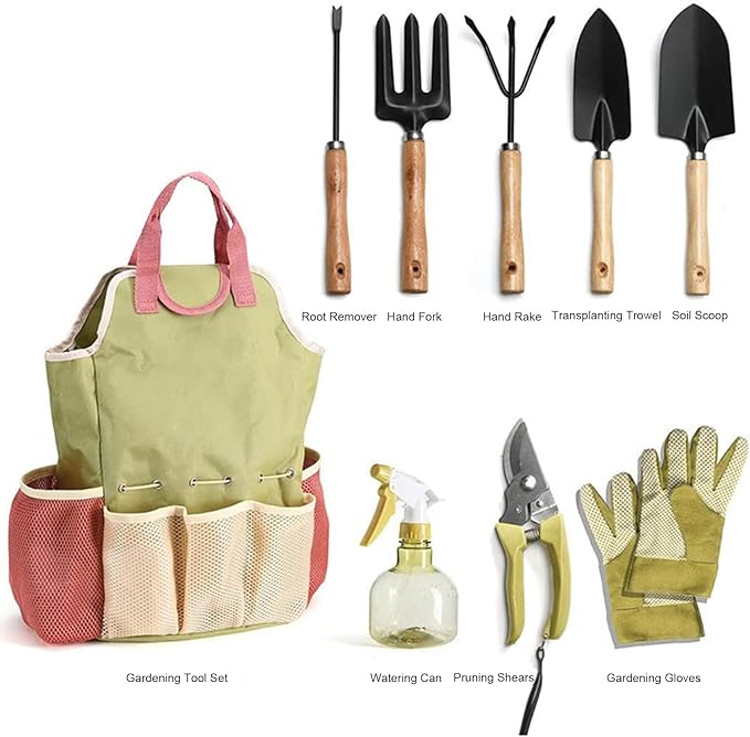 Garden Tools Set 9 Piece Gardening Kit Carbon Steel Garden Hand Tools with Wood Handle Including Pruning Shears Trowel Gloves Storage Bag Gardening Gifts for Women Men