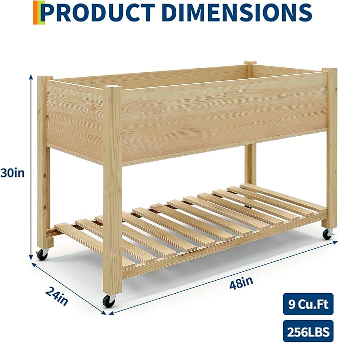 IDEALHOUSE Raised Garden Bed with Wheels 48x24x32in Wooden Elevated Planter Box for Vegetables &amp Herbs Mobile Outdoor Garden Bed with Liner &amp Storage Shelf for Patio Balcony Backyard Natu