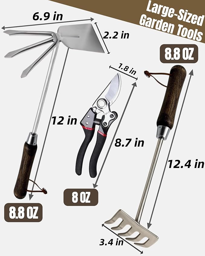Garden Tool Set 6PCS Heavy Duty Stainless Steel Gardening Hand Tools with Ropes Includes Hand Cultivator Shovel Trowel Transplanter 2-in-1 Hoe Pruner Ideal Gardening Gifts for Women Men (Upgrade)