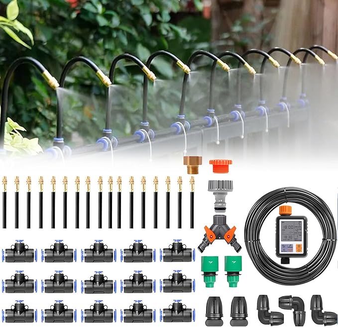 Automatic Drip Irrigation Kits 20-50m Garden Irrigation System Includes Watering Smart Timer &amp 360° Bending Dropper Atomizing Mist Nozzles Tee for Garden Watering System50m/164ft-WithTimer
