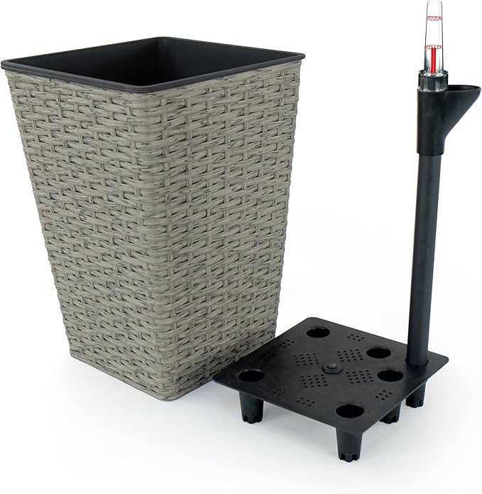 2 Pack Smart Self Watering Square Planter for Indoor and Outdoor Hand Woven Wicker Gray