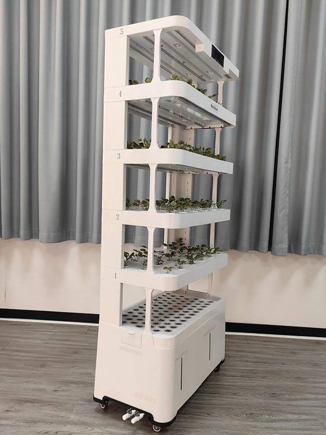 WooRoot Hydroponic Growing System 5-Tier NFT Tower with 148 Pods 100W Full-Spectrum LED Grow Lights Dual Water Reservoirs Smart Timer Control for Indoor Home Education &amp Commercial Growing