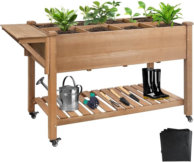 Raised Garden Bed with Legs &amp Wheels 55.5 x 24 x 32 Outdoor Planter Box with Storage Shelf &amp Hooks for Patio Backyard Balcony Gardening Mobile Planter for Vegetables Herbs Flowers (Brown)