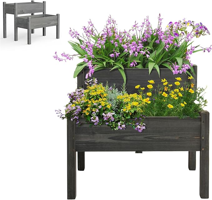 Raised Garden Bed 2-Tier Elevated Planter Box with Legs &amp 8 Drainage Holes Outdoor Garden Planter Container for Porch Patio Garden Backyard