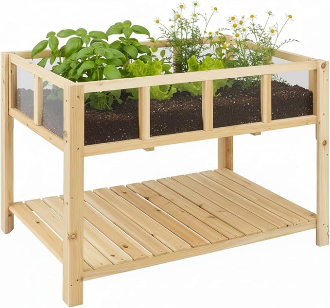 Raised Garden Bed with Transparent Acrylic Panels Elevated Wooden Raised Garden Bed Planter Fir Wood Outdoor Planter Box for Herbs Flowers &amp Patio Balcony Gardening (Natural)