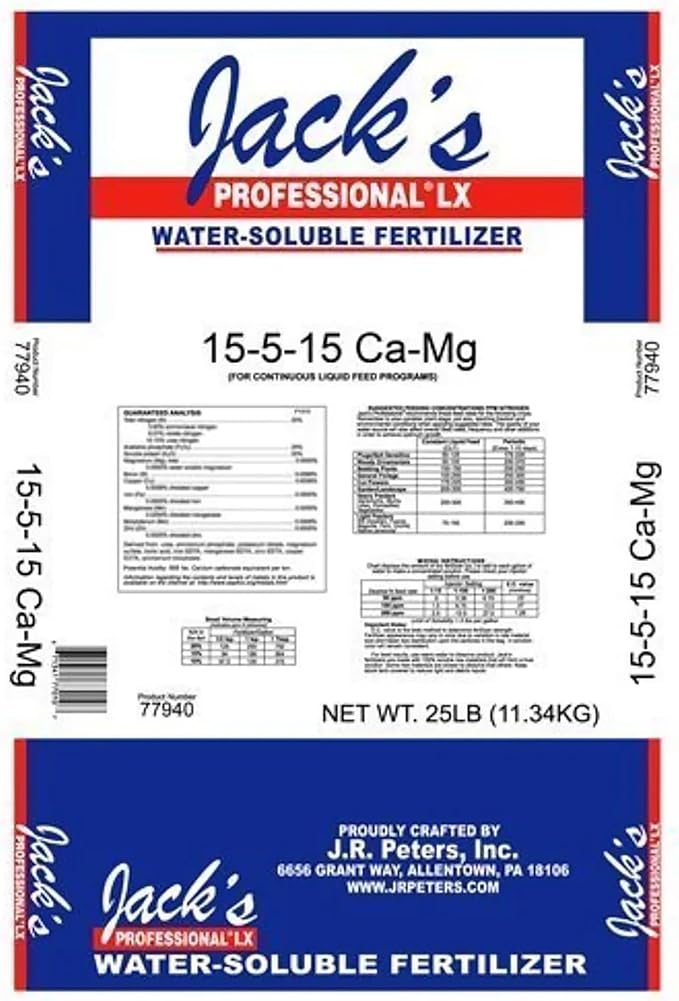 Jack's Professional 15-5-15 CA-MG LX Comprehensive Water-Soluble Fertilizer for Growth in Short Stocky Plants Grown in Continuous Liquid Feed Programs 25lbs