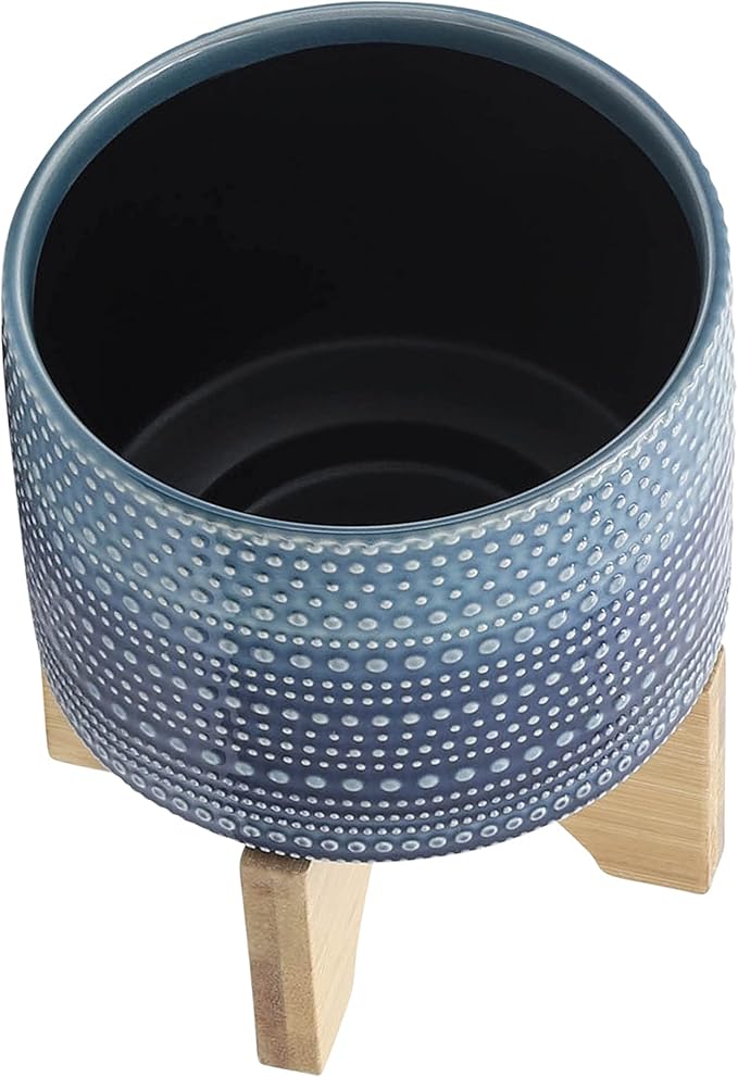 5 Dotted Planter W Wood Stand Blue