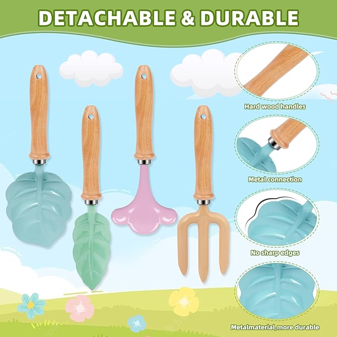 Kids Gardening Tools Set - 4pcs Wheelbarrow Set for Kids with Shovel Rake Leaf Rake Summer Outdoor Yard Digging Weed Toys Easter Birthday Gifts for Boys Girls Age 2 3+ Years (4 White)