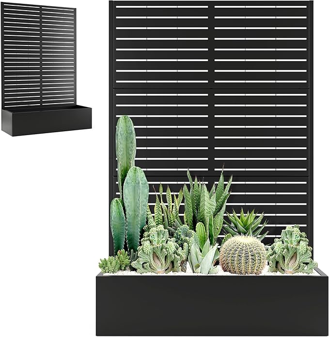 Metal Planter Box with Trellis Large Raised Garden Beds with Trellis for Climbing Vegetables Plants Privacy Screen Planter Box with Drainage Holes for Patio (47L×16W×71H Black Blinds)