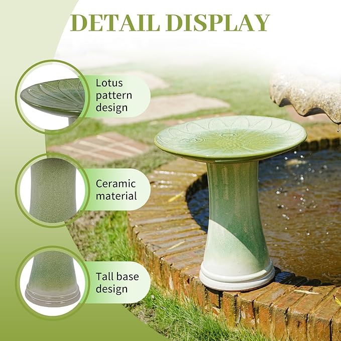 Handmade Green Gradient Glaze Ceramic Bird Bath 16.93 inch Diameter 18.11 inch Height Outdoor Gfor Birds Bathing Feeding Lightweight Weather Resistant