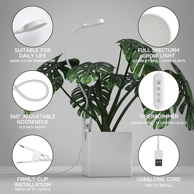 Plant Lights for Indoor Growing: Small Full Spectrum Grow Light LED Clip on Grow Lights for Indoor Plants with 360°Gooseneck 4000K Plant Lamp Auto On Off 3/6/12H Timer 10 Level Dimmable 3 Pack