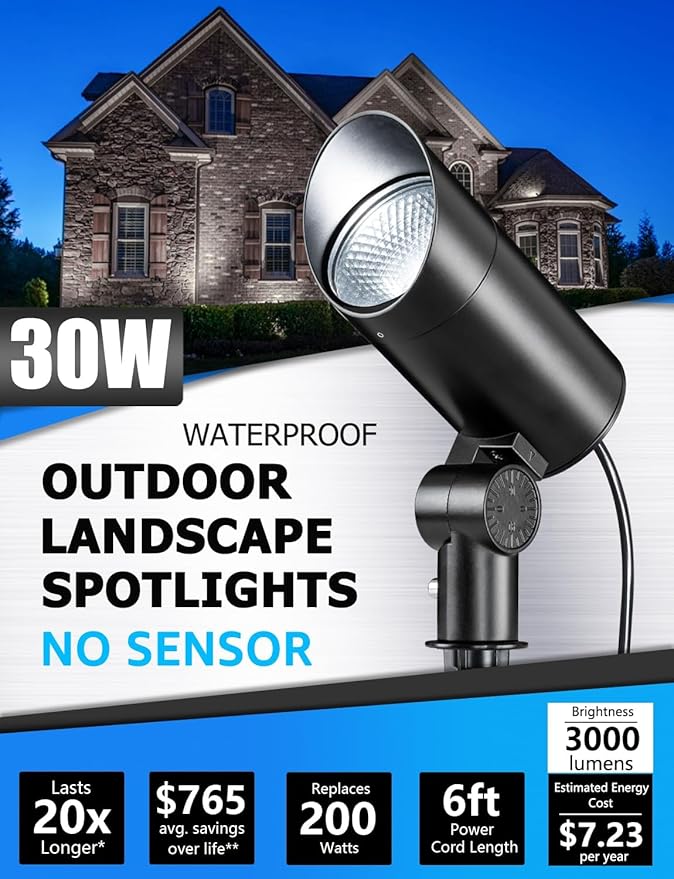 SUNVIE 30W LED Spot Lights Outdoor 5000K Daylight Flag Pole Light 120V Plug in Spotlight Outdoor with US 3-Plug Waterproof Flag Lights Outdoor Ultra Bright Landscape Spotlights for Palm Tree Statue