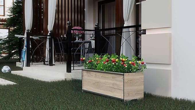Foreman Raised Garden Bed 36”Lx12”Wx14”H Premium HPL Plastic Wood Grain Aluminum Frame Elevated Planter Box for Backyard Patio Balcony Monte