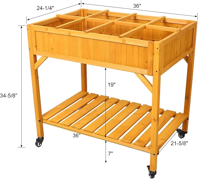 Raised Garden Bed on Wheels 36 × 24.2 × 34.6 Elevated Wooden Planter with 8 Pockets Lockable Wheels Storage Shelf &amp Drainage Liner for Herbs Vegetables &amp Flowers