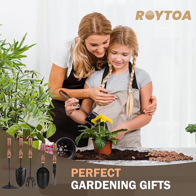Garden Tool Set 5PCS Gardening Tools Stainless Steel Heavy Duty Hand Cultivator Hoes Shovel Trowel and Weeder with Ergonomic Walnut Handle Gardening Gifts for Women
