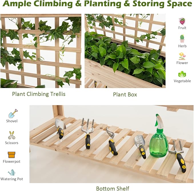 Giantex Rolling Raised Garden Bed with Trellis Wood Planter Box on Wheels Black Liner Storage Shelf Garden Trellis for Vine Climbing Flower Vegetable Herb or Hanging Tools 41.5x16x 54