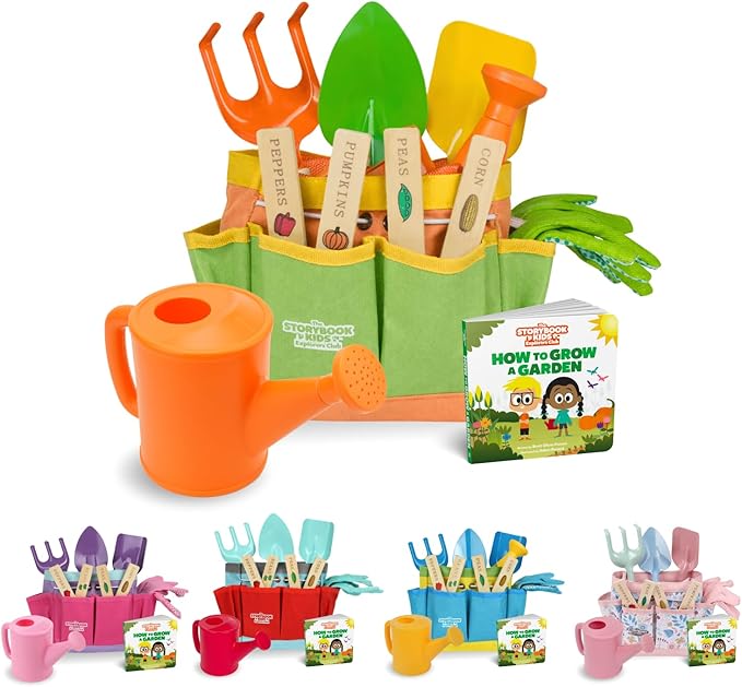 Matching Board Book - Green Kids Gardening Tools Set Includes Sturdy Tote Bag Watering Can Shovel Rake and Trowel - Garden Storybook - Kids Garden Tools- Easter Gifts for Toddler Age on up.