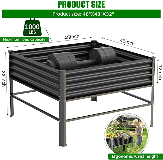 Galvanized Raised Garden Bed with Legs48×48×32in Large Metal Elevated Raised Planter BoxRaised Garden Bed1000lb Capacity with Drainage Holes for Vegetables Lawn Green Flowers Fruits Terrace