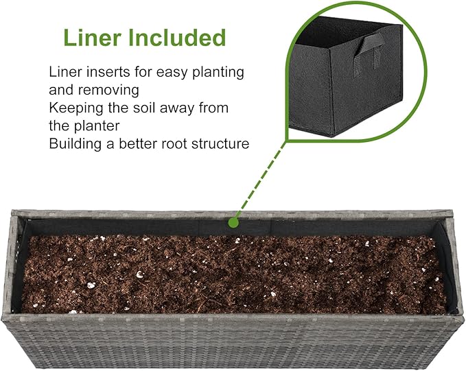 LEWIS&ampWAYNE Large Rectangular Block Planter Box Handmade Wicker Tall Planters for Outdoor Plants with Removable Liners Modern Planter for Indoor Outdoor Patio Deck - Gray 36''x12''x16''