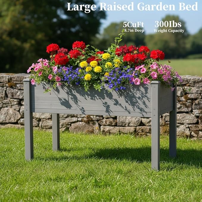 48 x 24 x 30 in Wooden Raised Garden Bed Outdoor Elevated Wood Planter Box for Vegetable Flower Herb Planter Backyard Patio Balcony 300 Pound Capacity -Grey