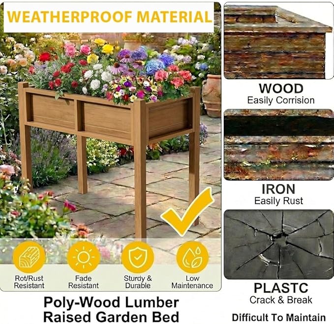 DWVO Raised Garden Bed HDPE with Legs Poly-Wood Weatherproof Elevated Planter Box Outdoor with Drainage System Patio Planters for Herbs Vegetables Flowers Plant Bed for Garden Balcony Backyard Teak