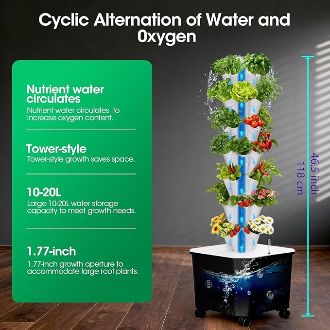 Vertical Hydroponic Tower Garden35 Pods 7-Layer Indoor Outdoor Growing System with Smart Timer3 Seed Starter Tray.Water Pump-BPA-Free Modular for Hydroponic Gardening Lovers Planting Vegetables