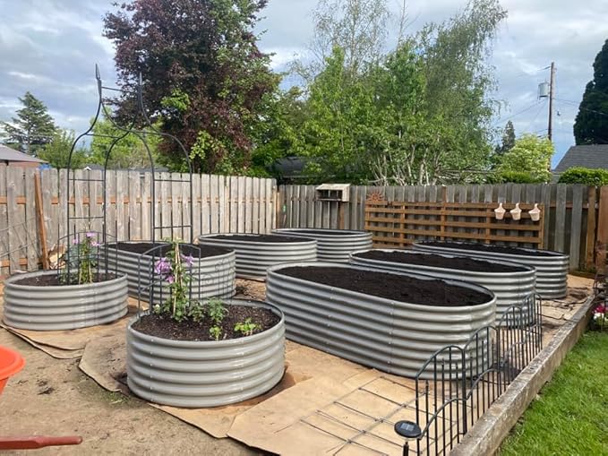 A ANLEOLIFE 4-Set 8X4X2 ft Galvanized Raised Garden Bed Kit Oval Metal Deep Root Planters for Outdoor Plants Quartz Grey