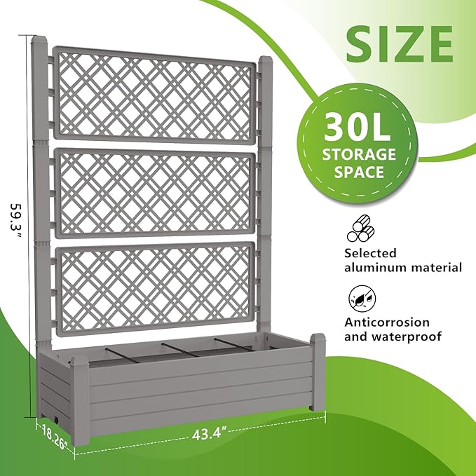 Raised Garden Bed Outdoor with Trellis Drainage Holes Planter Boxes Separate Growing Zones for Backyard Balcony Climbing Plants Gray