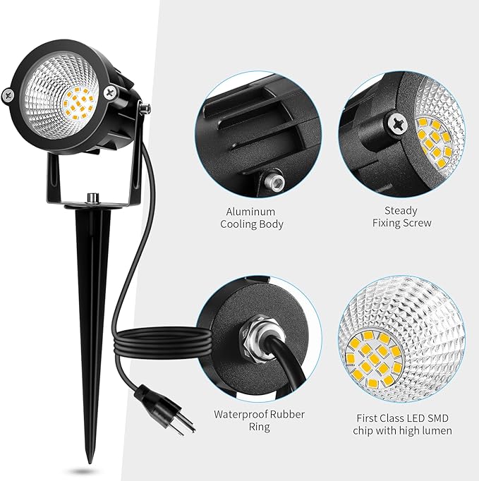 Outdoor Spotlight Warm White 2700K 10W LED Spot Lights Outdoor for Yard Garden Tree 120V Plug in Landscape Lighting with IP65 Waterproof for Halloween Christmas Decor 4 Pack