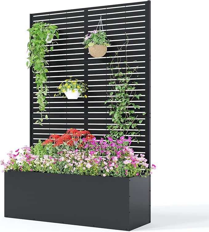 Metal Planter Box with Trellis 71X47X16 Privacy Planter for Patio Large Raised Garden Bed with Privacy Screen for Climbing Plants with Drainage Holes 15.7 Deep Planting Bed