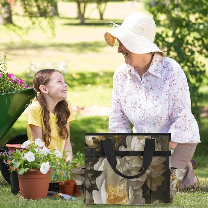 Garden Tool BagFloral Peony Flower Gardening Organizer Bag With Pockets Garden Tool Kit Storage Tote for Women Men Garden Tool Set Holder