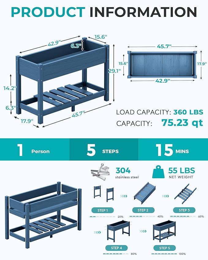 SERWALL Raised Garden Bed with Legs Set of 2 43×17×30 Large HDPE Elevated Planter Box for Vegetables Flower Herb Patio All Weather Use- Blue