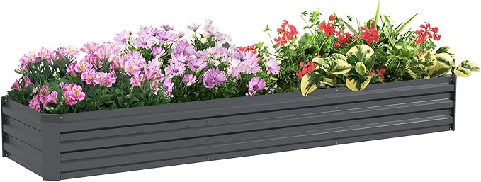 Outsunny 8 x 2 x 1ft Galvanized Raised Garden Bed Kit Outdoor Metal Elevated Planter Box with Safety Edging Large Raised Bed for Growing Flowers Herbs and Vegetables Dark Gray