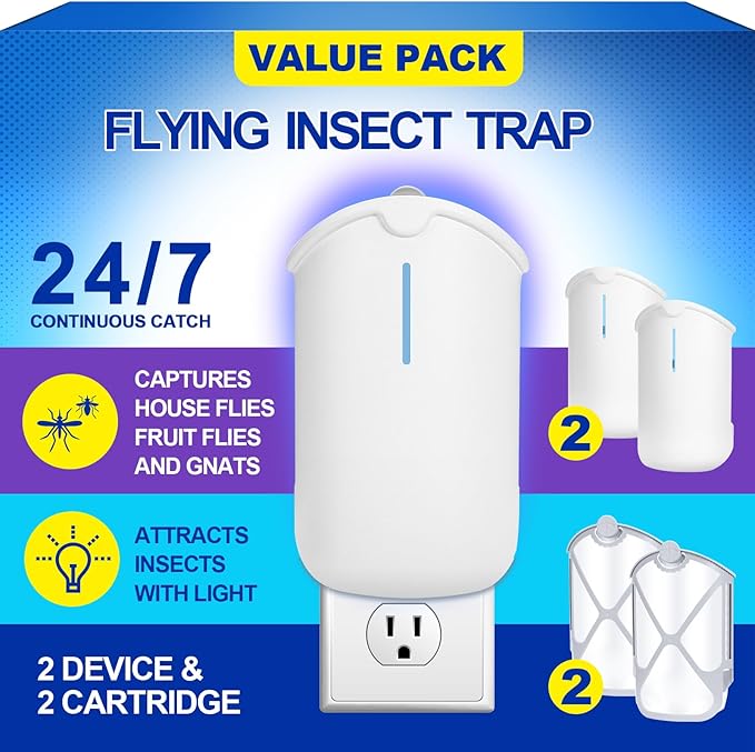 2 Flying Insect Traps &amp 2 Cartridges - Compatible with M364A Refill - Plug in Fruit Fly Trap for Indoor - Bug Catcher for Gnats House &amp Fruit Flies - Use in Any Room (2 Device &amp 2 Cartrid