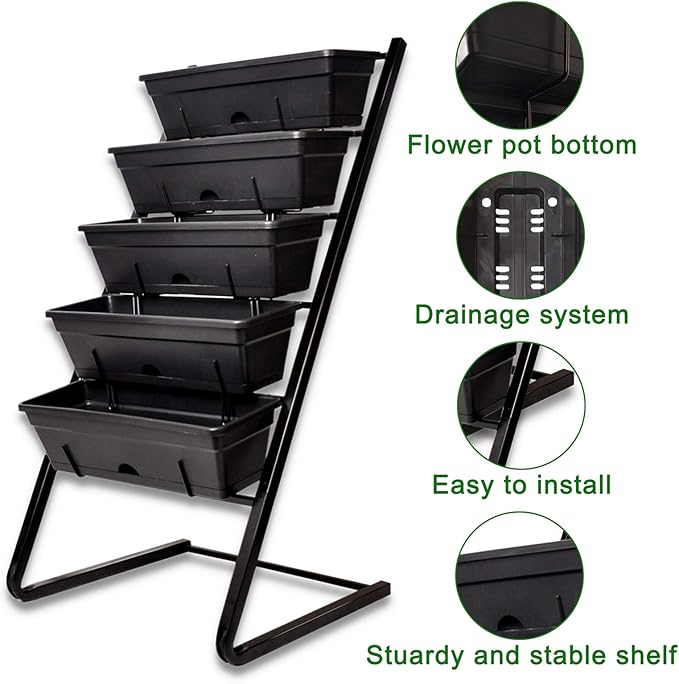 4ft Raised Garden Bed Vertical Garden Freestanding Elevated Planter with 5 Container Boxes for Patio Balcony Flowers Indoor Outdoor Black