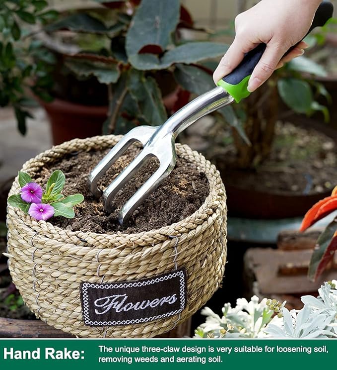 ESOW Garden Tool Set 3 Piece Cast-Aluminum Heavy Duty Gardening Kit Includes Hand Trowel Transplant Trowel and Cultivator Hand Rake with Soft Rubberized Non-Slip Ergonomic Handle Garden Gifts