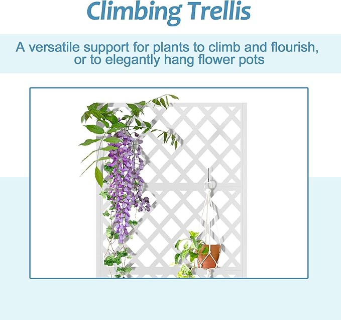 Metal Planter Box with Trellis &amp Wheels Raised Garden Bed with Privacy Screen Outdoor Standing Flower Beds with Drainage Hole for Climbing Plants Vine 35.4 L x 15.7 W x 70.9 H White